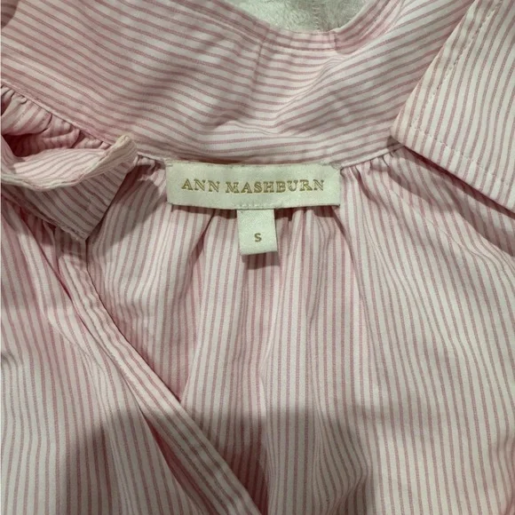 ANN MASHBURN Pink white stipe popover Blouse with Mandarin Collar - Picture 6 of 9
